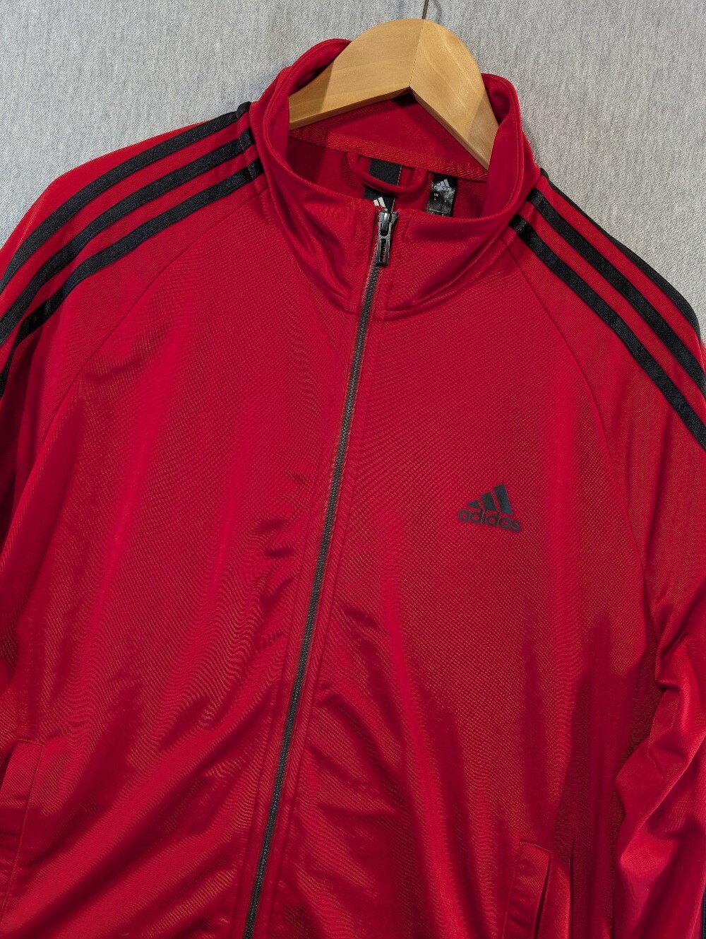 Adidas Track Jacket Men's Large Classic 3 Black Stripe Full Zip Red